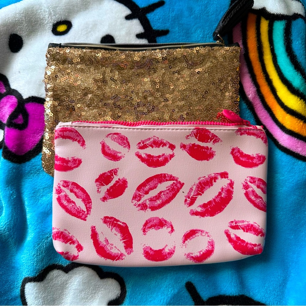 ipsy Pink Lip Print and Gold Sequin Cosmetic Bags Bundle #2